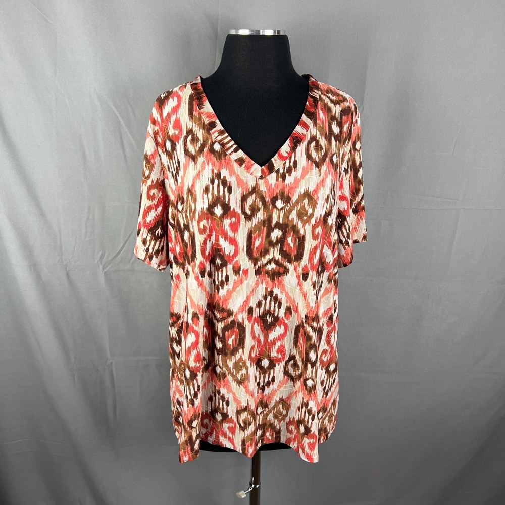 JM Collection Tunic Top Womens 2X Multi Stretch Ikat Print V Neck Short Sleeve